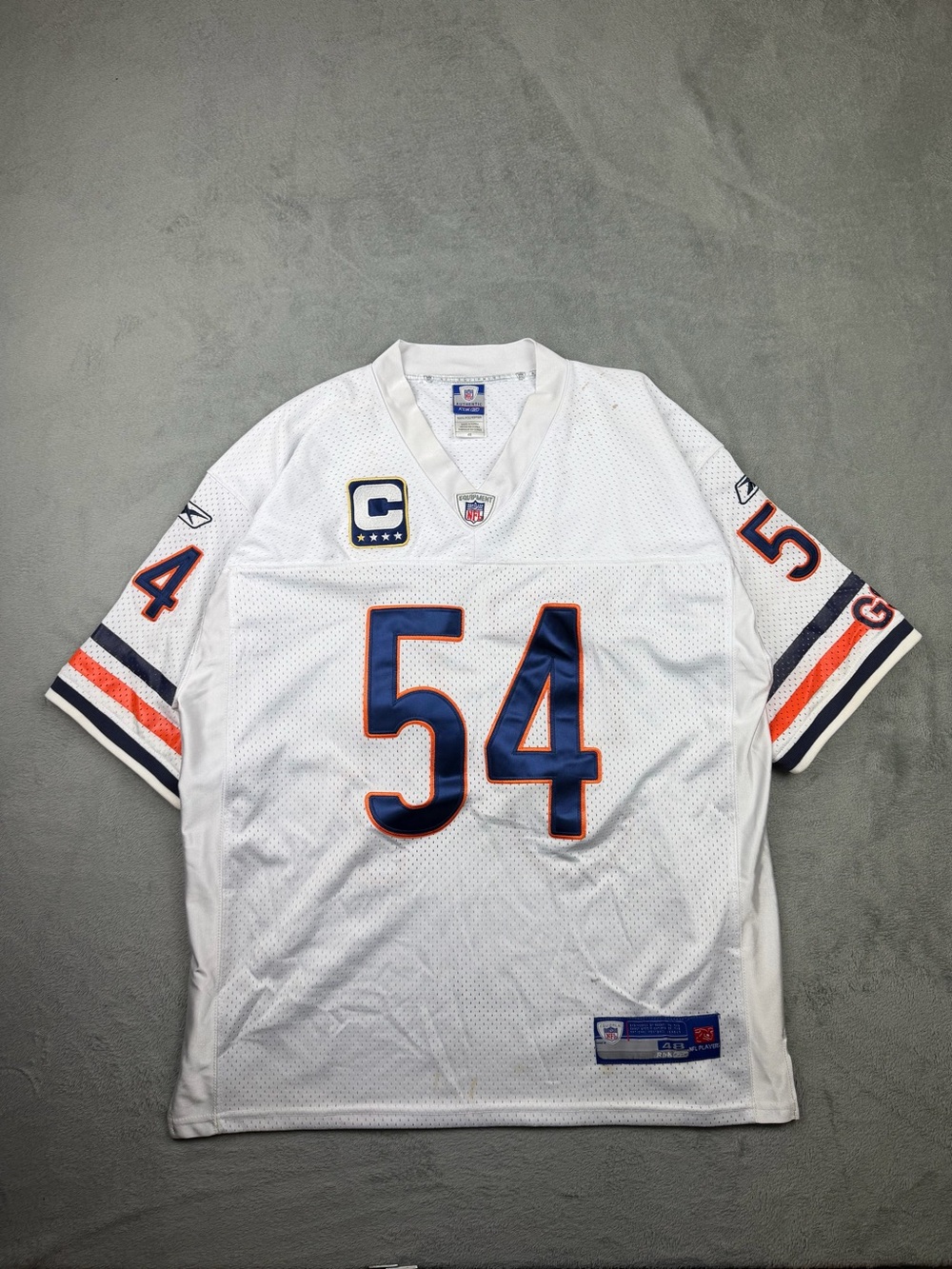 URLACHER Reebok White NFL #54 Football Jersey with Navy and Orange Trim